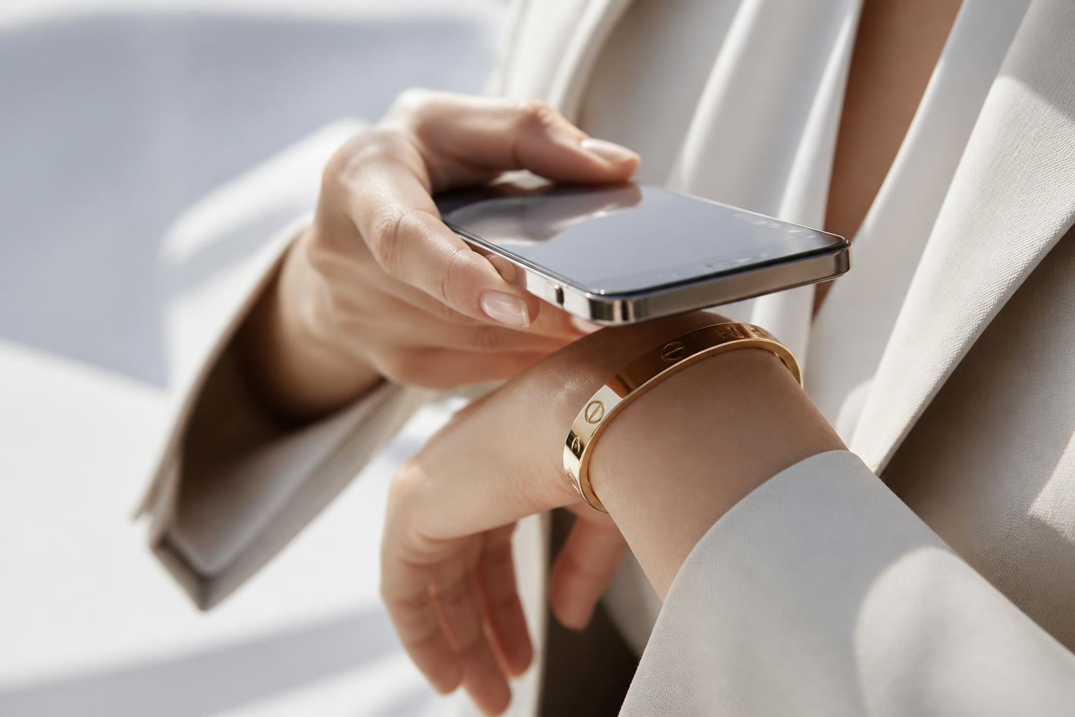 Smartphone berührt goldenes Armband